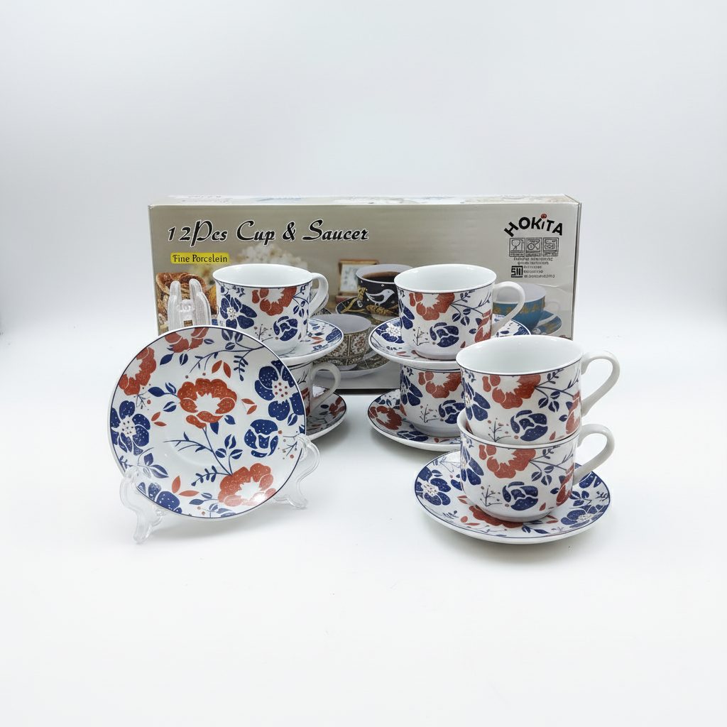 Visual produk set cangkir motif biru merah dengan kemasan retail, latar putih