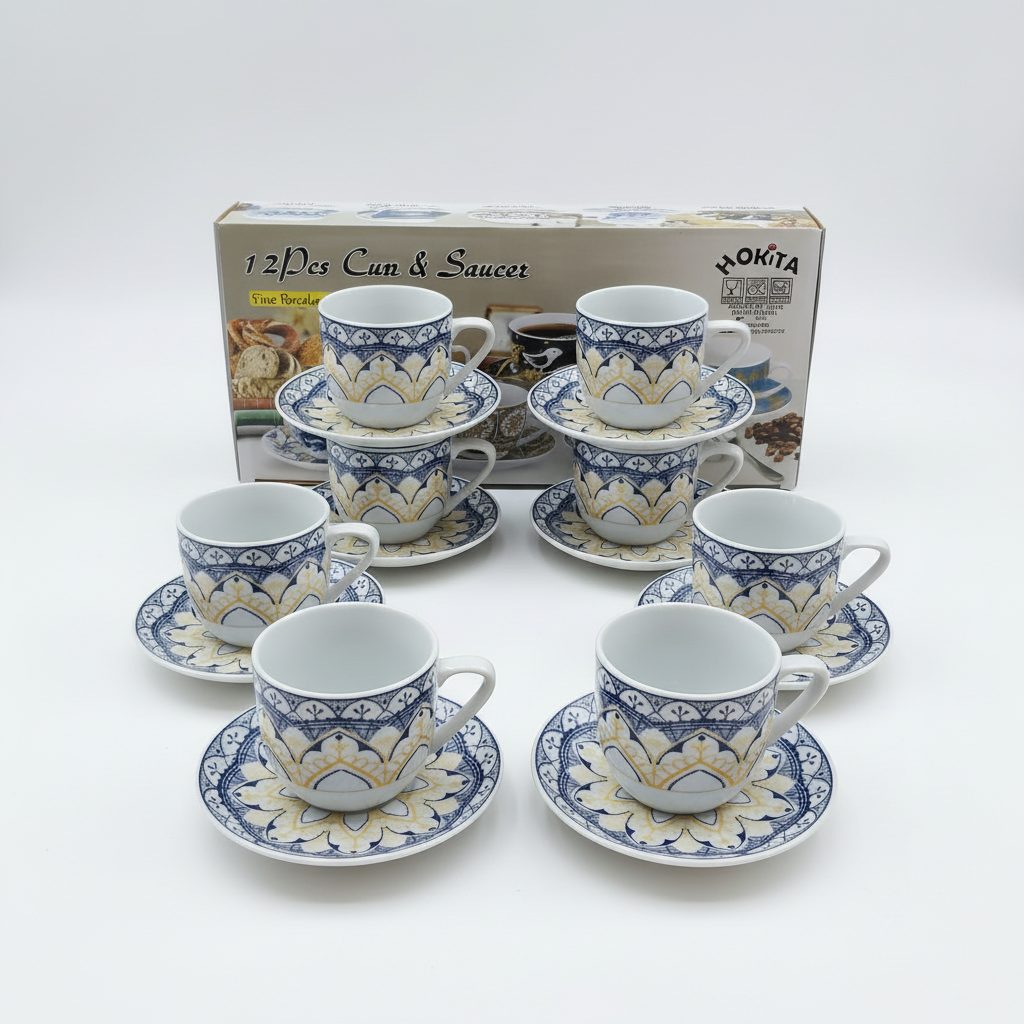 Visual produk set cangkir motif ornamen biru keemasan, latar putih
