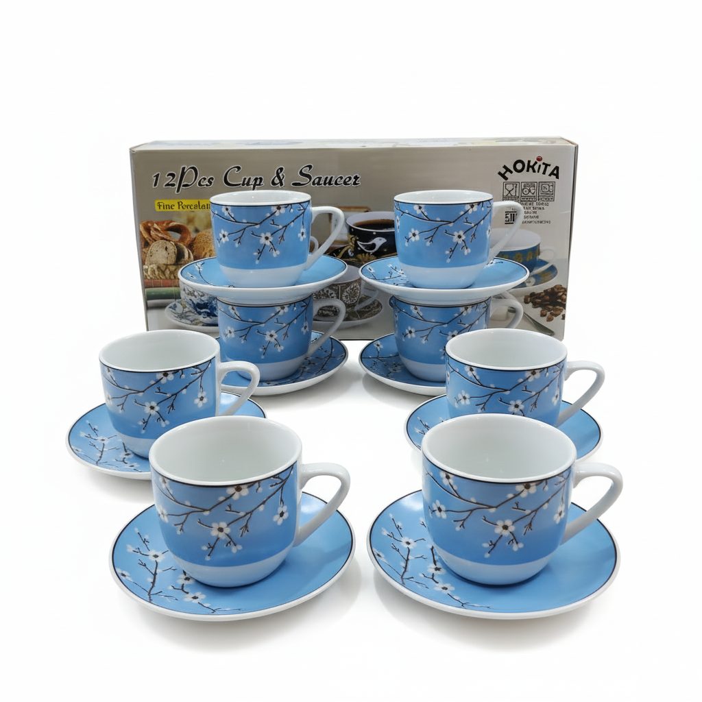 Visual produk set cangkir motif bunga sakura biru, latar putih