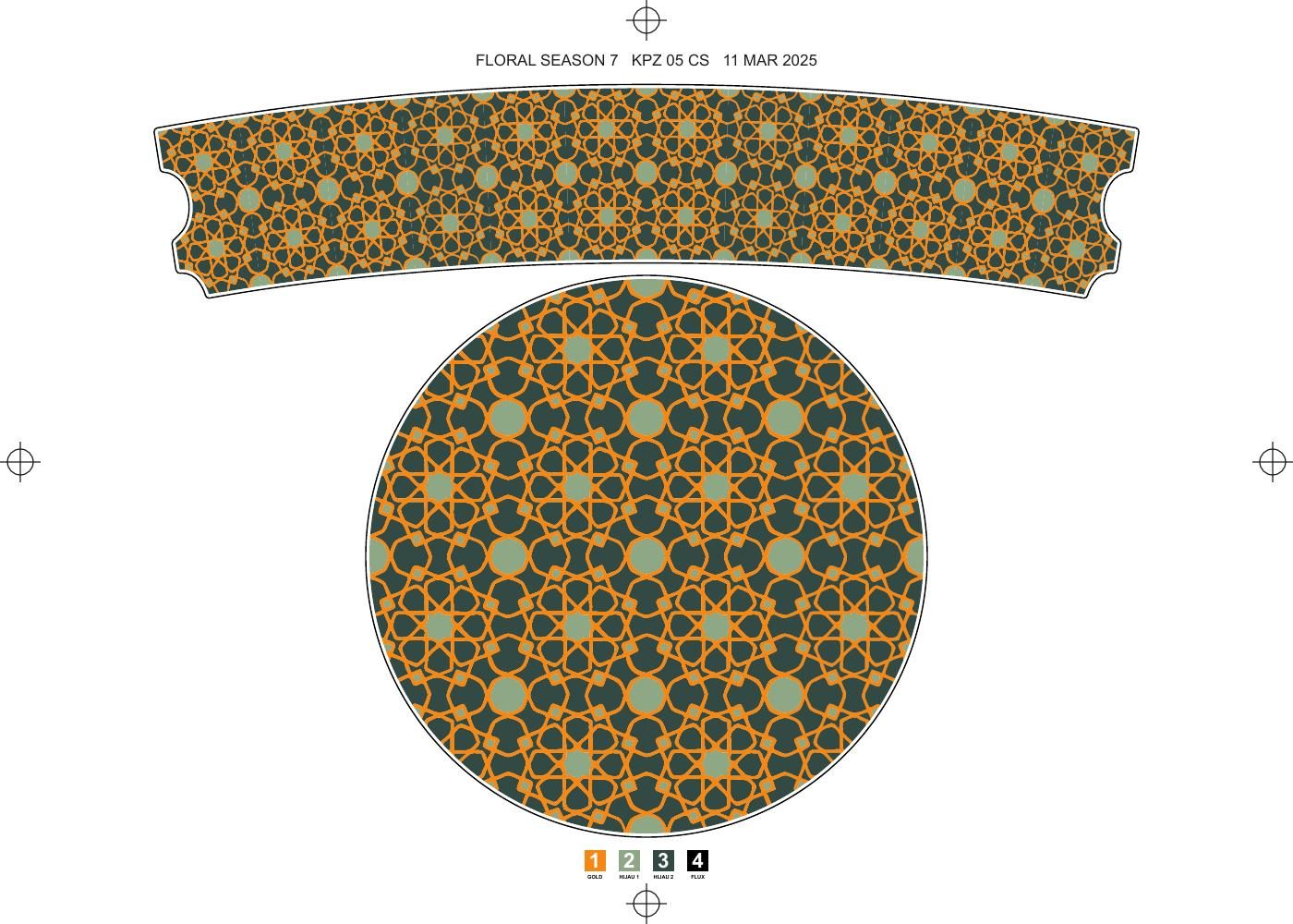 Artwork Floral Season 7 — motif ornamen emas dan hijau tua