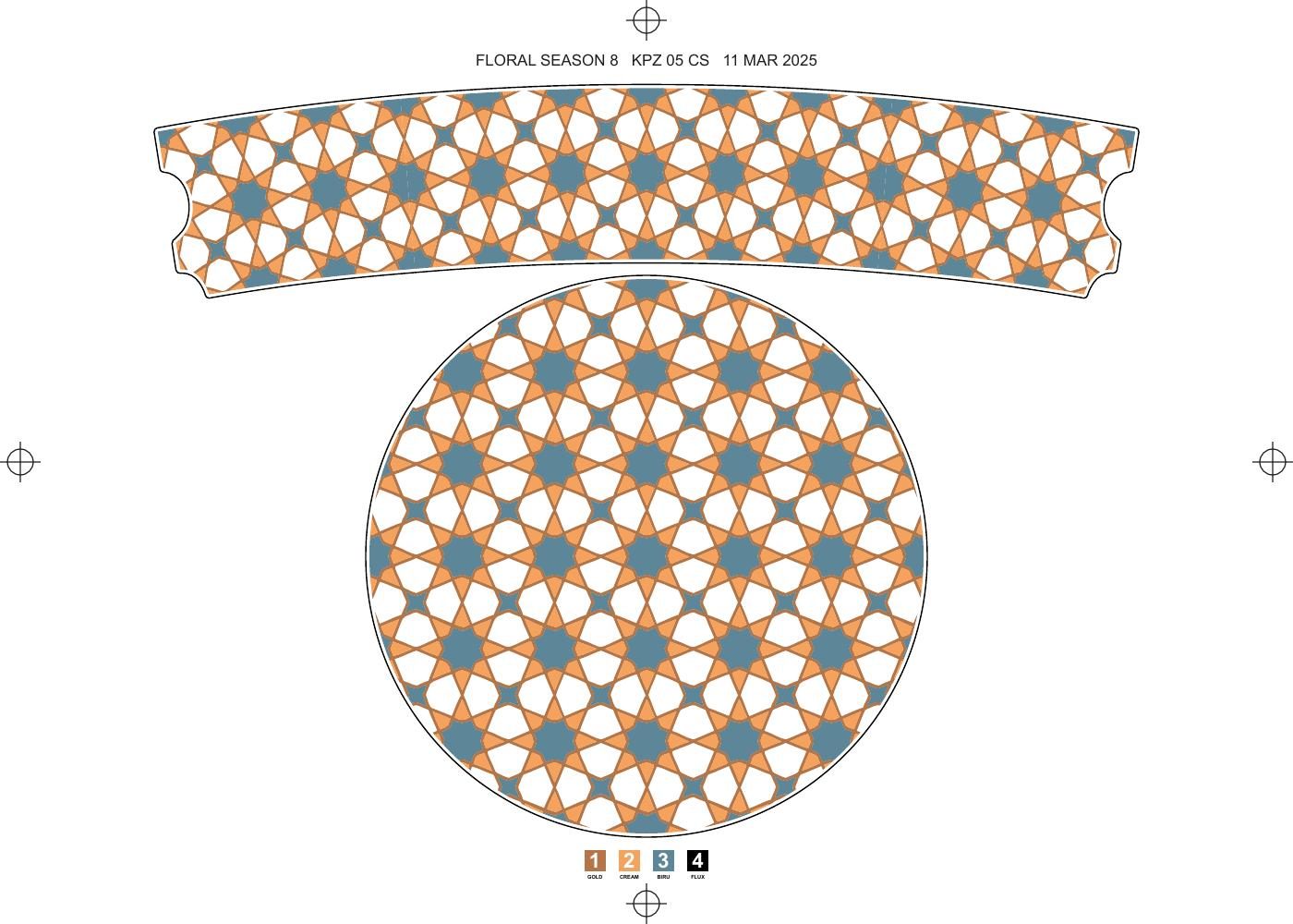 Artwork Floral Season 8 — motif geometris oranye dan biru kehijauan