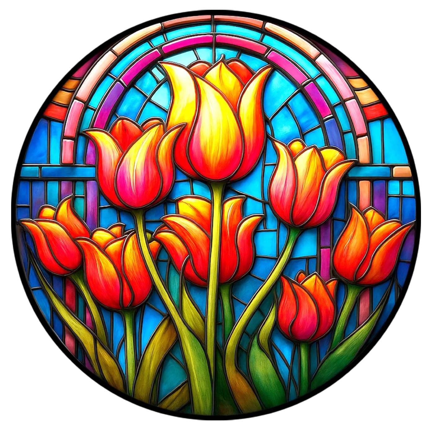 Desain piring porselen gaya kaca patri — tulip merah dan kuning di depan jendela lengkung biru