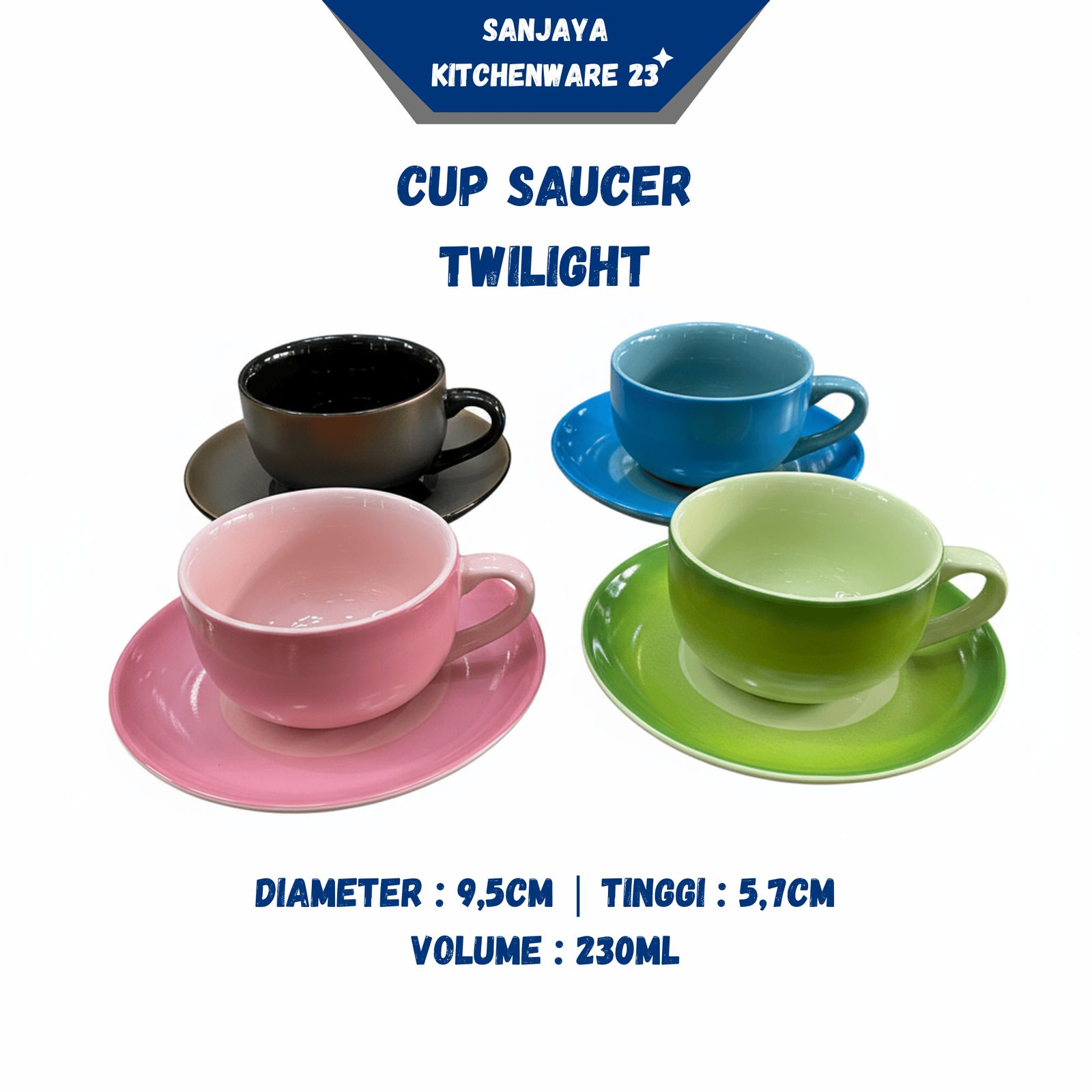 Grafis listing marketplace seri Cup Saucer Twilight — empat varian warna dengan spesifikasi ukuran