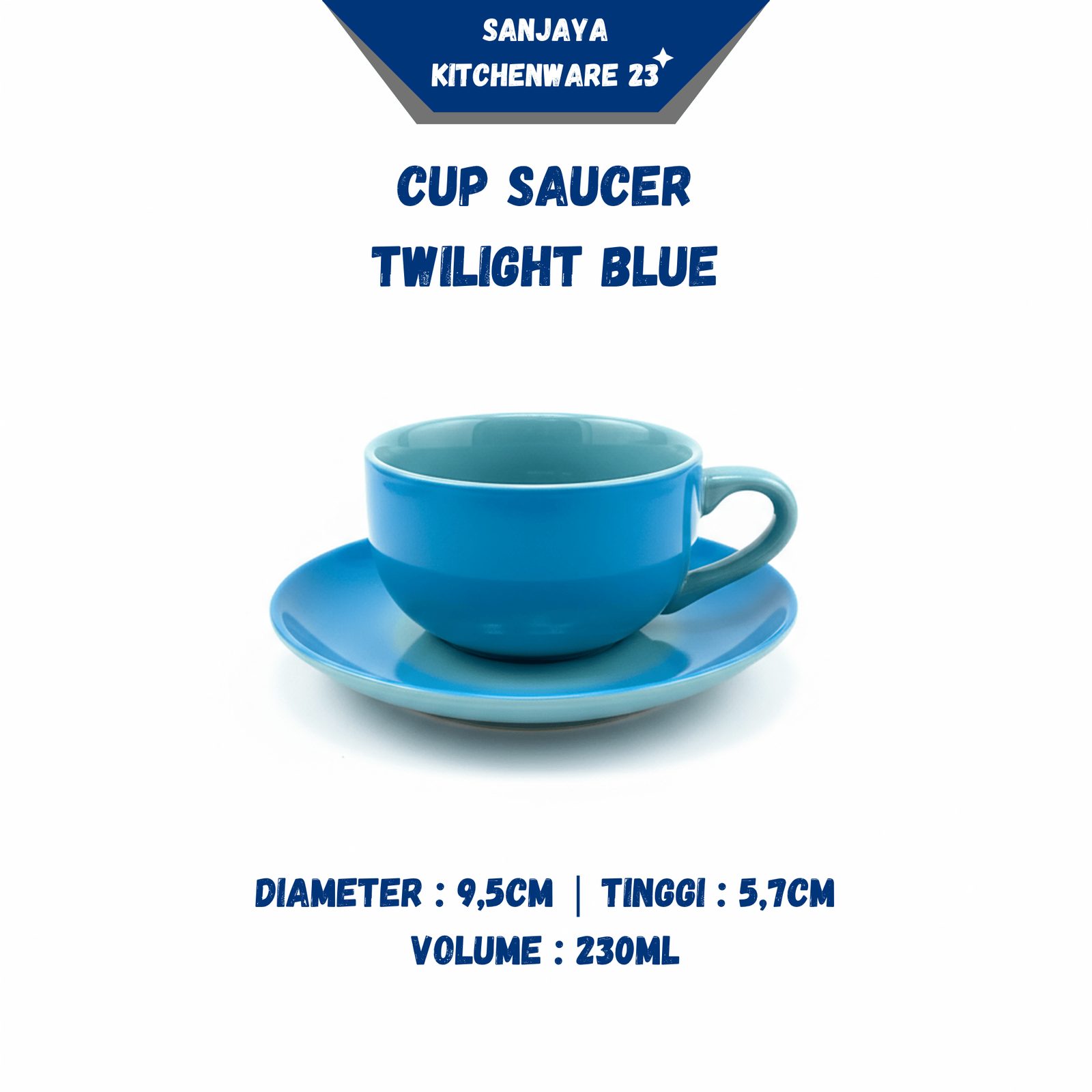 Grafis listing marketplace Cup Saucer Twilight Blue dengan spesifikasi diameter, tinggi, dan volume